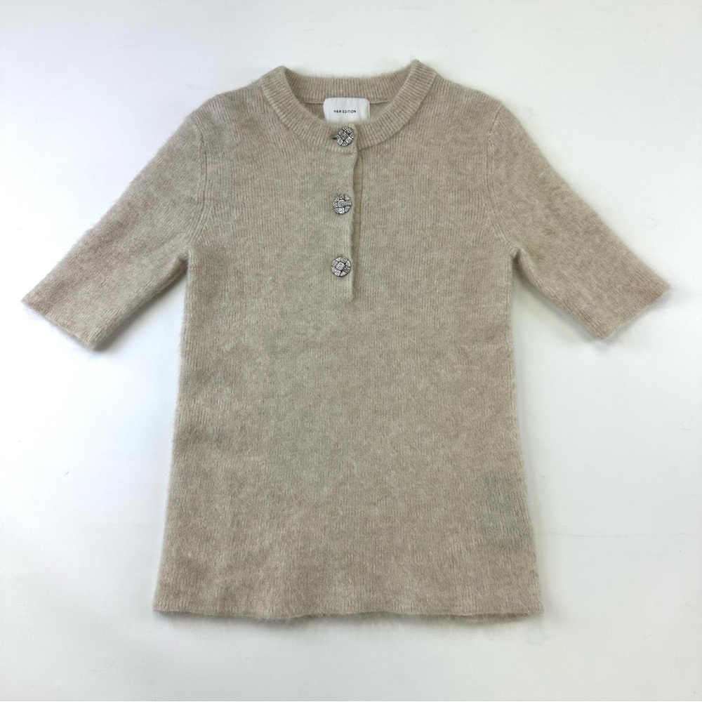 H&M Edition beige mohair blend short sleeve jewel button sweater Medium womens